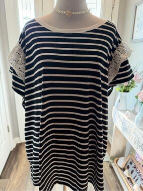 Cato Black & White Striped Short Sleeve Top with Lace Eyelet Trim